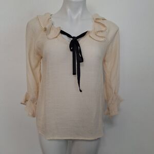 E & M Beige Black Coquette Old Money Ruffle Tie Neck 3/4 Sleeve Blouse Size S